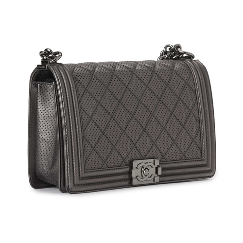 366 - Chanel, a New Medium Boy handbag, crafted from metallic silver leather, designed with a perforated q... 