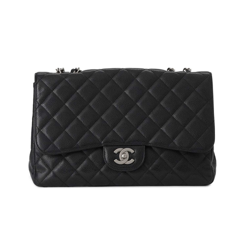 374 - Chanel, a Jumbo Classic Flap handbag, featuring a black caviar quilted leather exterior, with polish... 