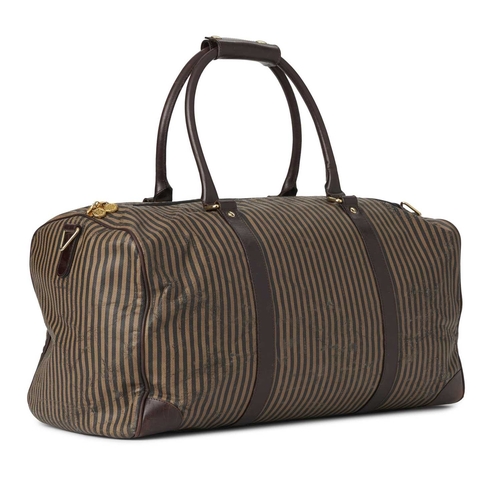 409 - Fendi, a vintage holdall travel bag, crafted from tan and black striped coated canvas, with dark bro... 