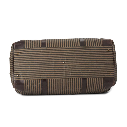 409 - Fendi, a vintage holdall travel bag, crafted from tan and black striped coated canvas, with dark bro... 