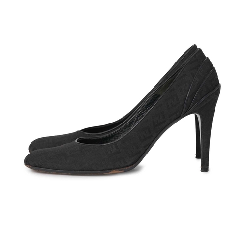 410 - Fendi, a pair of Zucca court shoes, designed with black FF monogram patterned uppers, black leather ... 