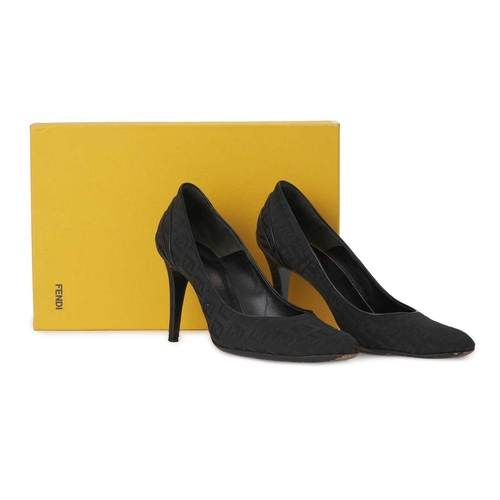 410 - Fendi, a pair of Zucca court shoes, designed with black FF monogram patterned uppers, black leather ... 