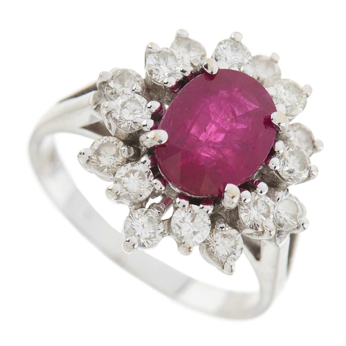 42 - An 18ct gold Thai ruby and brilliant-cut diamond stepped cluster ring, with photocopy of a report by... 