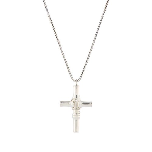 428 - Gucci, a silver Bamboo cross pendant, suspending from a box-link chain, signed Gucci, clasp stamped ... 