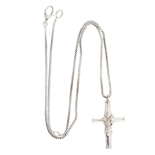 428 - Gucci, a silver Bamboo cross pendant, suspending from a box-link chain, signed Gucci, clasp stamped ... 