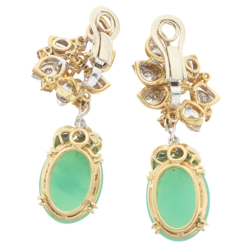 43 - A pair of 18ct gold chrysoprase cabochon and single-cut diamond detachable drop earrings, with citri... 