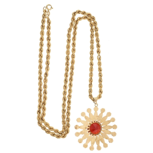 44 - An 18ct gold fire opal floral starburst single-stone pendant, suspended from an 18ct gold rope-twist... 