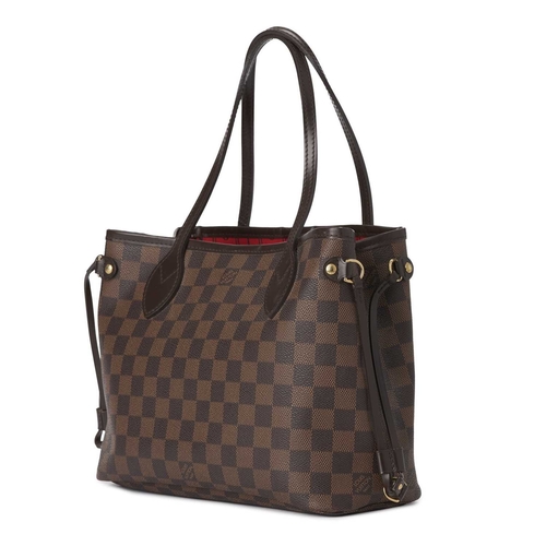 456 - Louis Vuitton, a damier ebene Neverfull PM handbag, designed with smooth brown leather trim, dual sl... 