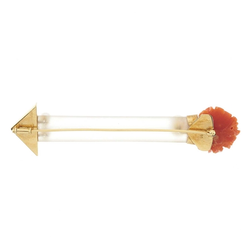 46 - An 18ct gold rock crystal and cultured pearl arrow brooch, with carved coral flower terminal, mount ... 