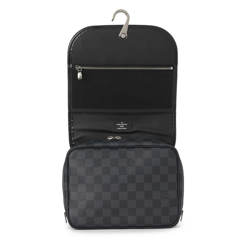 462 - Louis Vuitton, a damier graphite Hanging Toiletry Kit, designed with black leather trim, magnetic fr... 