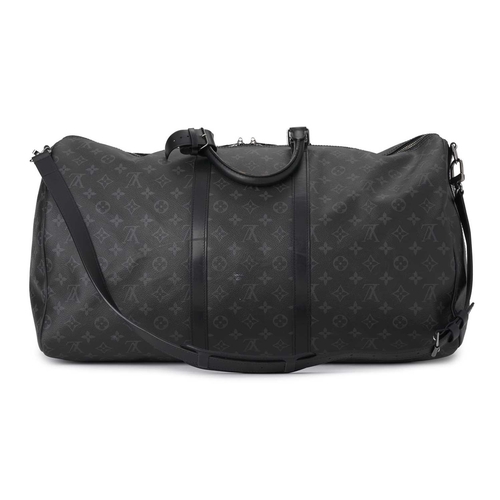 465 - Louis Vuitton, a monogram eclipse Keepall Bandouliere 55 luggage bag, crafted from black and grey mo... 