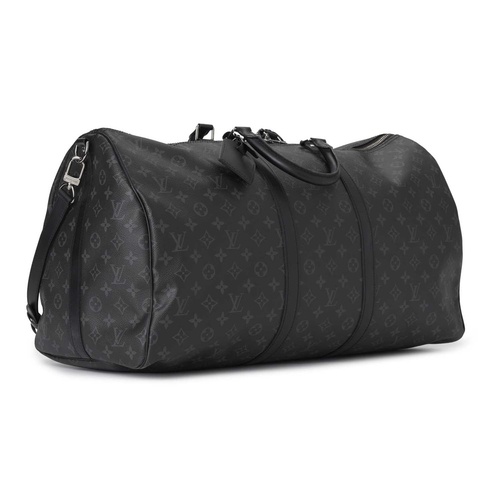 465 - Louis Vuitton, a monogram eclipse Keepall Bandouliere 55 luggage bag, crafted from black and grey mo... 