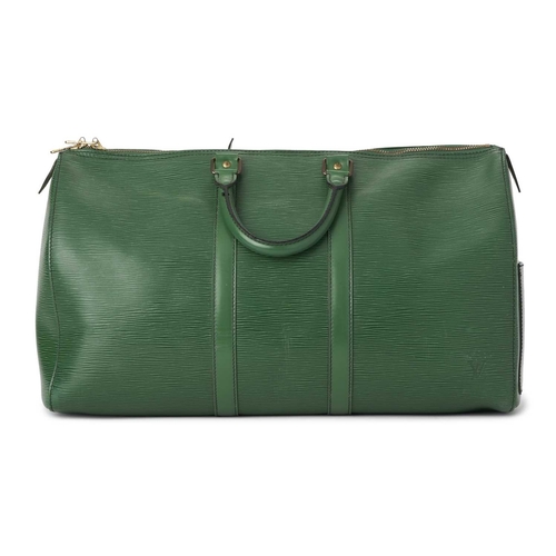 467 - Louis Vuitton, a green epi Keepall 45 luggage bag, featuring a green textured leather exterior and s... 