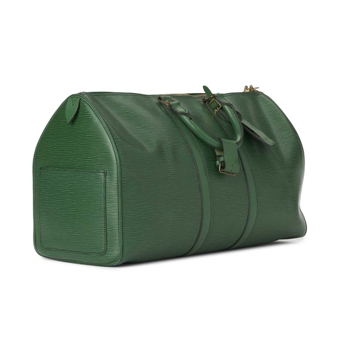 467 - Louis Vuitton, a green epi Keepall 45 luggage bag, featuring a green textured leather exterior and s... 