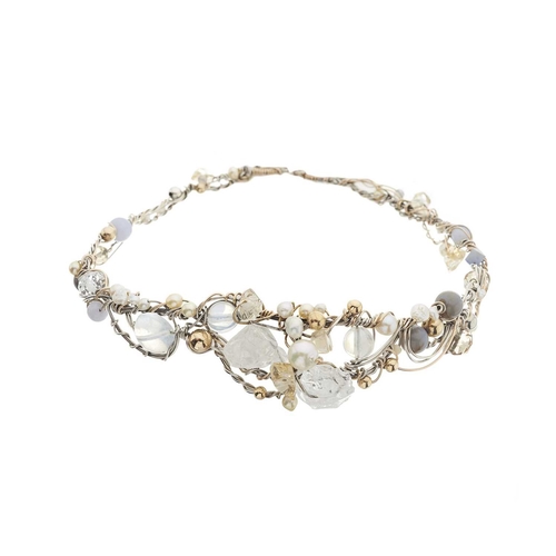 47 - A silver and gold, quartz, moonstone, chalcedony and cultured pearl wirework choker necklace, with h... 