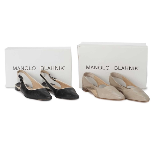 485 - Manolo Blahnik, two pairs of shoes, both of a similar design, to include a taupe leather pair of fla... 