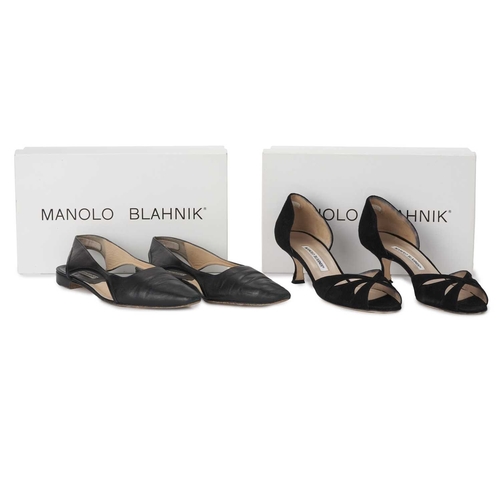 487 - Manolo Blahnik, two pairs of shoes, to include a pair of flat black leather slingback shoes, togethe... 