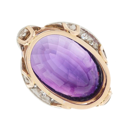 50 - An amethyst single-stone pendant, with circular-cut diamond crescent border and old-cut diamond term... 