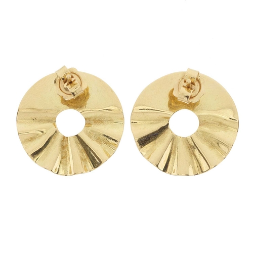 51 - A pair of 18ct gold circular earrings, with square-shape white gold overlays and crimped detail, mak... 