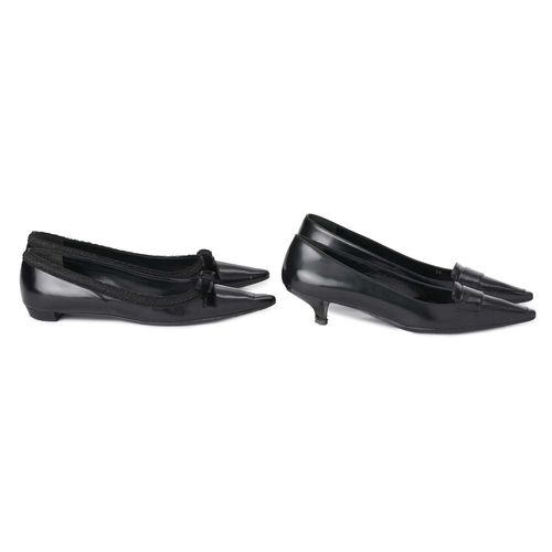 511 - Prada, two pairs of shoes, to include a glossy black leather pair of pointed shoes with a small kitt... 