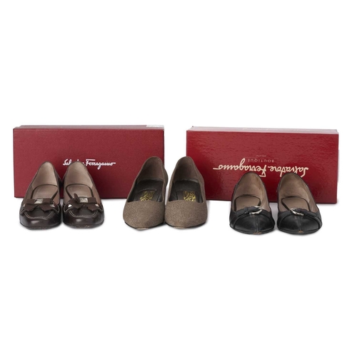 515 - Salvatore Ferragamo, three pairs of shoes, to include a pair of flat black leather pointed pumps, wi... 