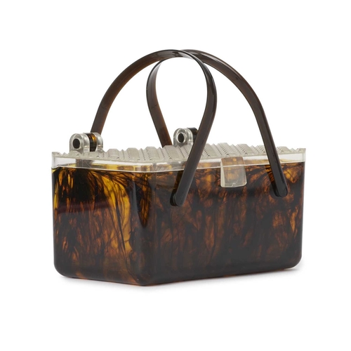 535 - A 1950s Merle Norman Lucite box handbag, featuring a faux tortoise shell exterior, with a clear hobn... 