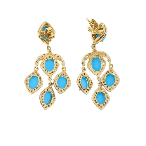 56 - A pair of 14ct gold and silver, turquoise and diamond chandelier drop earrings, estimated total diam... 