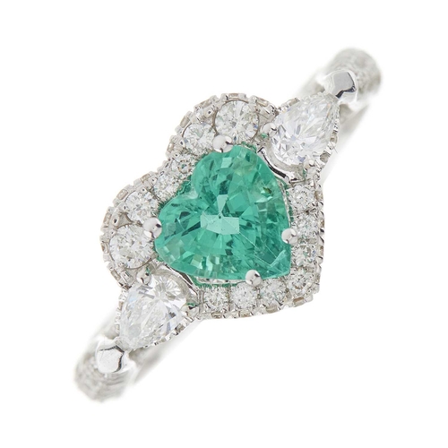 57 - An 18ct gold heart-shape emerald and brilliant-cut diamond cluster dress ring, with similarly-cut di... 