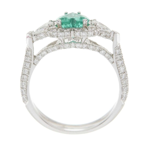 57 - An 18ct gold heart-shape emerald and brilliant-cut diamond cluster dress ring, with similarly-cut di... 