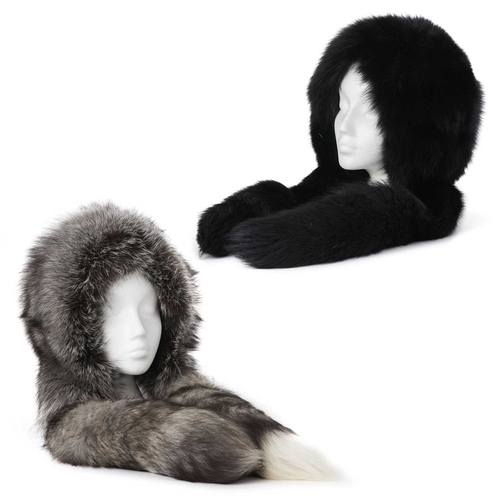 584 - A selection of fox fur accessories, to include a silver fox fur hood with hanging fox tail tie detai... 