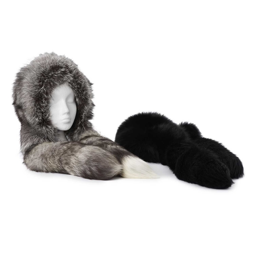 584 - A selection of fox fur accessories, to include a silver fox fur hood with hanging fox tail tie detai... 