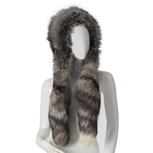 584 - A selection of fox fur accessories, to include a silver fox fur hood with hanging fox tail tie detai... 