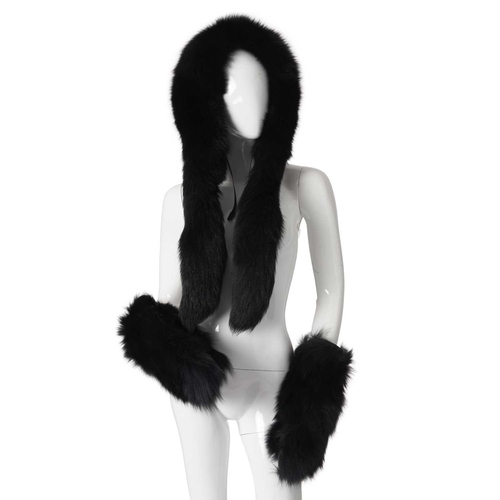 584 - A selection of fox fur accessories, to include a silver fox fur hood with hanging fox tail tie detai... 