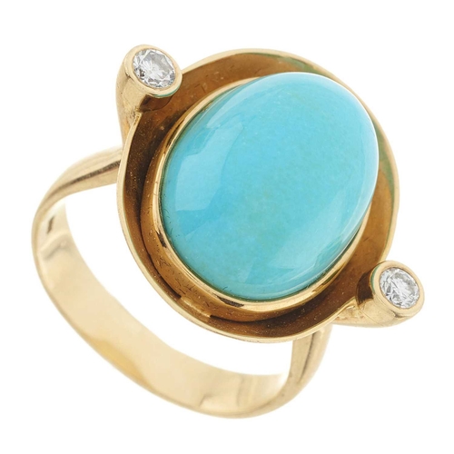 65 - A 14ct gold turquoise cabochon single-stone dress ring, with brilliant-cut diamond sides and shaped ... 