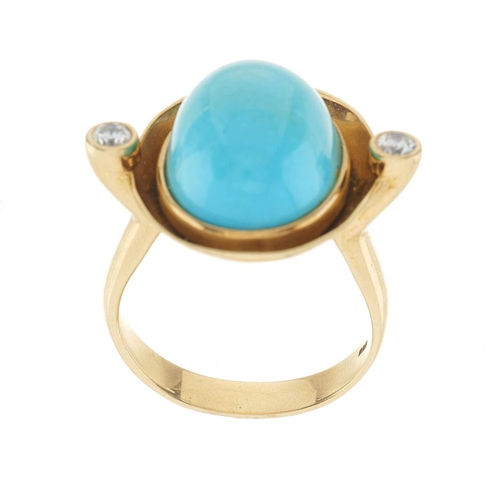 65 - A 14ct gold turquoise cabochon single-stone dress ring, with brilliant-cut diamond sides and shaped ... 