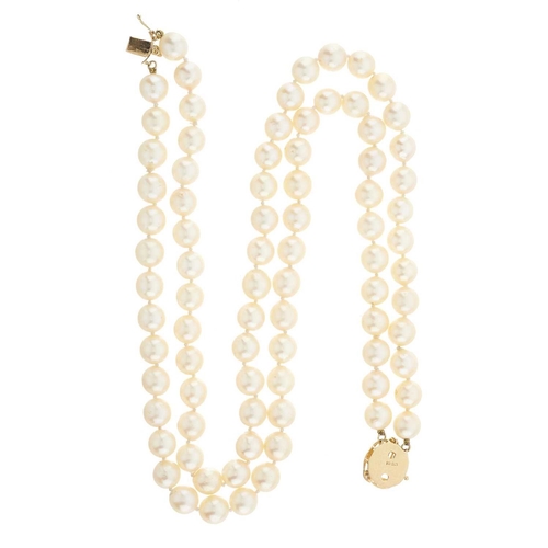 68 - A cultured pearl two-row choker necklace, with 14ct gold single-cut diamond accent foliate clasp, es... 