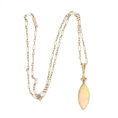 7 - An early to mid 20th century 15ct gold opal cabochon and split pearl trefoil pendant, with a 9ct gol... 