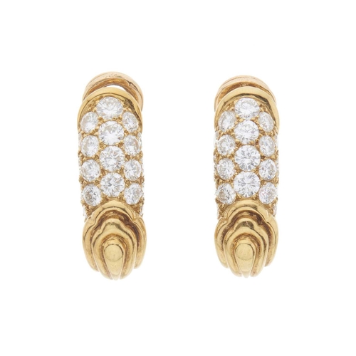 71 - A pair of 18ct gold pave-set diamond half hoop clip earrings, with grooved surmount, estimated total... 