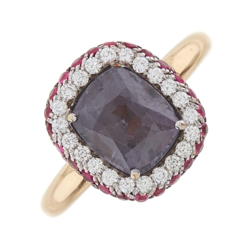 72 - An 18ct gold cushion-shape purple gem and brilliant-cut diamond cluster dress ring, with pave-set ru... 