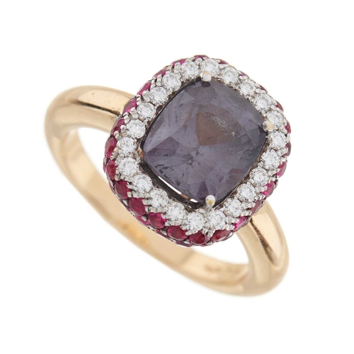 72 - An 18ct gold cushion-shape alexandrite and brilliant-cut diamond cluster dress ring, with pave-set r... 