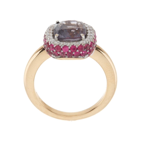 72 - An 18ct gold cushion-shape alexandrite and brilliant-cut diamond cluster dress ring, with pave-set r... 