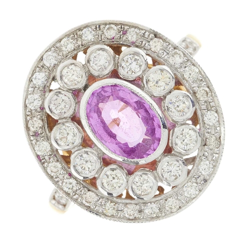 75 - An 18ct gold pink sapphire and brilliant-cut diamond cluster ring, sapphire estimated weight 1ct, es... 