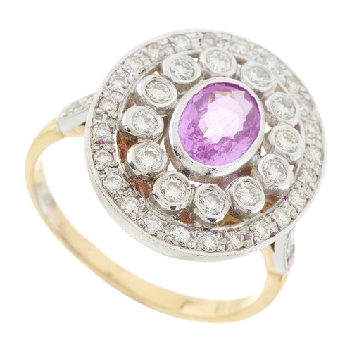 75 - An 18ct gold pink sapphire and brilliant-cut diamond cluster ring, sapphire estimated weight 1ct, es... 