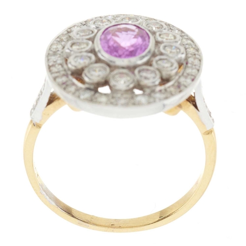 75 - An 18ct gold pink sapphire and brilliant-cut diamond cluster ring, sapphire estimated weight 1ct, es... 