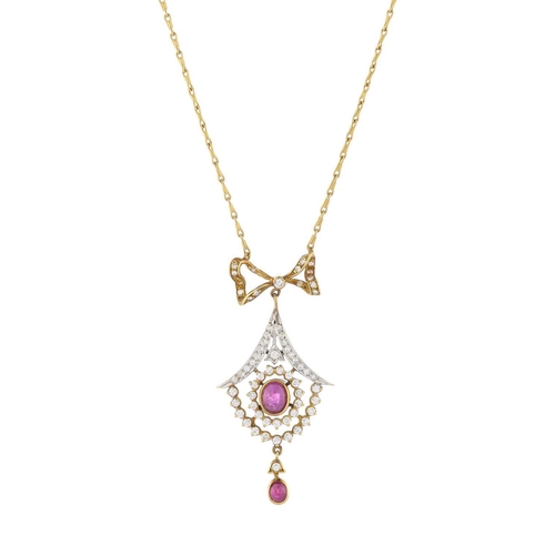 77 - An 18ct gold ruby cabochon and brilliant-cut diamond drop pendant, with diamond bow surmount and int... 