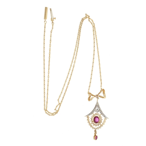 77 - An 18ct gold ruby cabochon and brilliant-cut diamond drop pendant, with diamond bow surmount and int... 