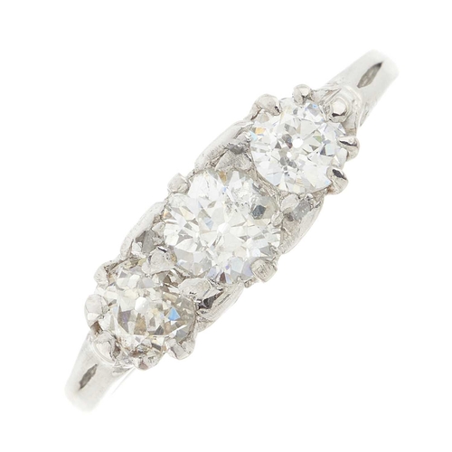 8 - An early 20th century platinum old-cut diamond three-stone ring, estimated total diamond weight 0.90... 