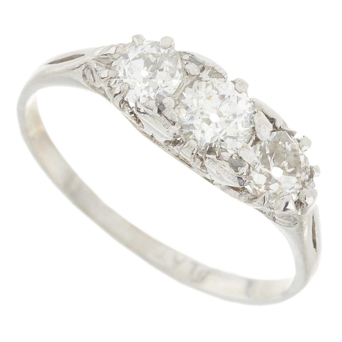 8 - An early 20th century platinum old-cut diamond three-stone ring, estimated total diamond weight 0.90... 