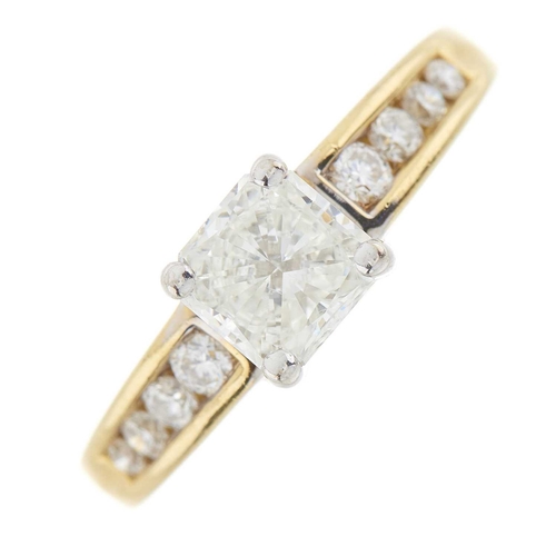 80 - An 18ct gold square-shape diamond single-stone ring, with graduated brilliant-cut diamond line shoul... 