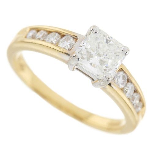 80 - An 18ct gold square-shape diamond single-stone ring, with graduated brilliant-cut diamond line shoul... 